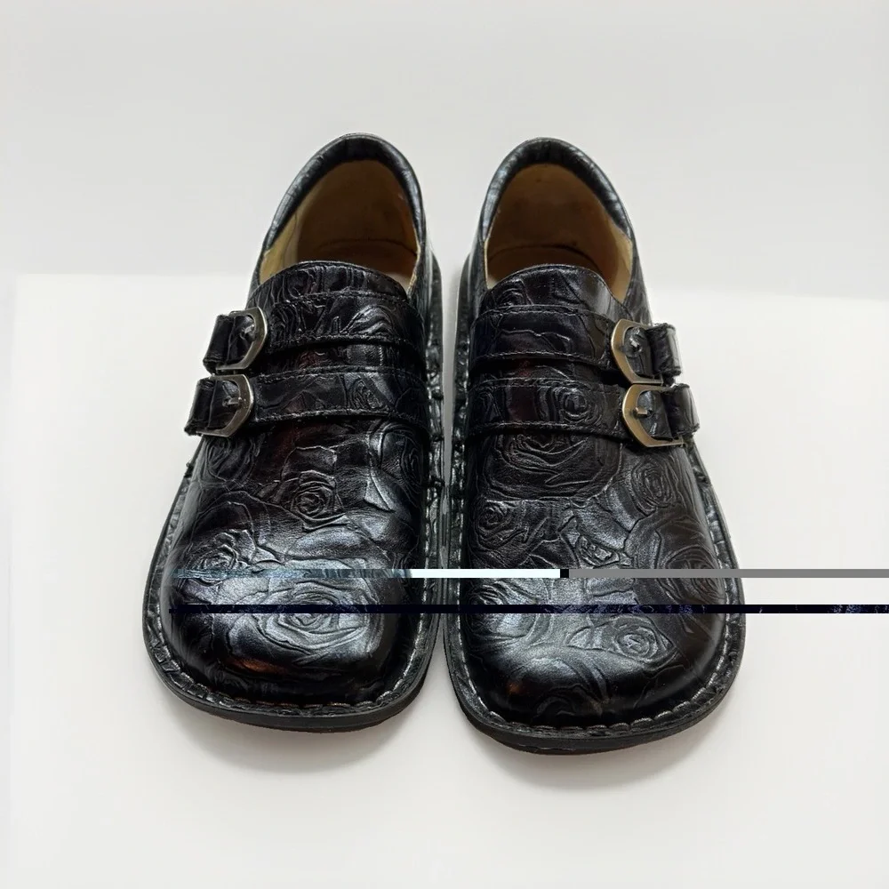 Alegria Alli Black Embossed Rose Leather Slip Ons, Euro Size 38 US Size 8-8.5